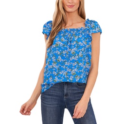 Womens Ruffled Square-Neckline Floral-Print Blouse