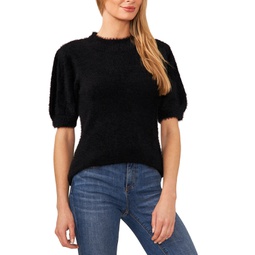 Womens Short-Sleeve Mock-Neck Eyelash Sweater