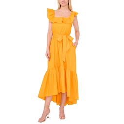 Womens Ruffle Square-Neck High-Low Midi Dress