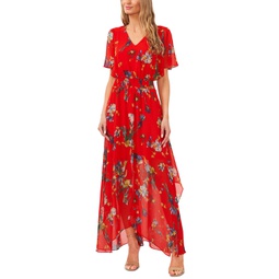 Womens Smocked-Waist Flutter-Sleeve Maxi Dress