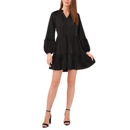 Womens V-Neck Tiered Long-Sleeve Baby Doll Dress