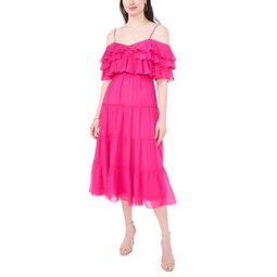 Womens Tiered Cold-Shoulder Ruffle Midi Dress