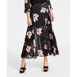 Womens Pleated Floral Maxi Skirt