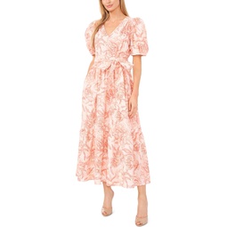 Womens CeCe Printed Linen Puff Sleeve V-Neck Maxi Dress
