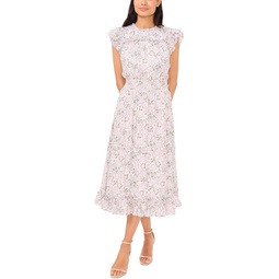CeCe Printed Smocked Waist Midi Dress