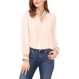 CeCe Contrast Stitch Long Sleeve Pleated Blouse