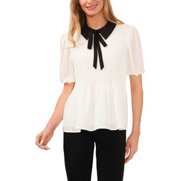 CeCe Collared Puff Sleeve Pin Tuck Blouse with Neck Tie