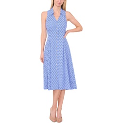 CeCe Printed Sleeveless Collared Belted Midi Dress