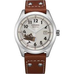 Citizen Eco-Drive Mens Disney Mickey Mouse Aviator Watch, Stainless Steel with Brown Leather Strap, 3-Hand Date, 40mm (Model: BV1088-08W)