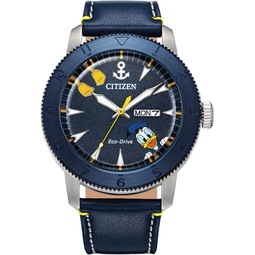 Citizen Eco-Drive Mens Disney Donald Duck Watch, Blue IP Stainless Steel on Blue Leather Strap, 3-Hand Day Date, Luminous, 44mm (Model: AW0075-06W)