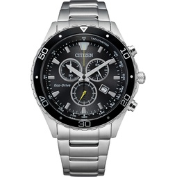 Citizen Mens Eco-Drive Weekender Chronograph Watch in Silver-tone Stainless Steel, Black Dial (Model: AT2387-52E)