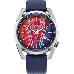 Citizen Eco-Drive Mens Marvel Spider Man Watch in Stainless Steel with Blue Polyurethane Strap, Spider Man Art Blue Dial, 3-Hand Date, 42mm (Model: AW1680-03W)