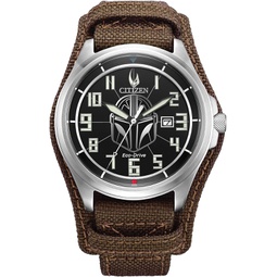 Citizen Eco-Drive Mens Star Wars Mandalorian Watch, Brown Nylon and Leather Watch, Stainless Steel, 3-Hand Date, Luminous, 44mm (Model: AW1411-05W)
