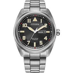 Citizen Mens Sport Casual Garrison 3-Hand Day/Date Eco-Drive Watch, Arabic Markers, Super Titanium, Sapphire Crystal, Field Watch