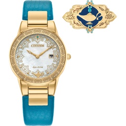 Citizen Eco-Drive Ladies Disney Aladdin 30th Anniversary, Princess Jasmine Teal Leather Strap Watch and Pin Gift Set, Mother-of-Pearl Dial, Crystals, 30mm (Model: GA1072-07D)