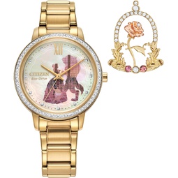 Citizen Womens Eco-Drive Disney Princess Belle Crystal Watch and Pin Gift Set in Gold tone Stainless Steel, Beauty and The Beast Mother of Pearl Dial (Model: FE7048-51D)