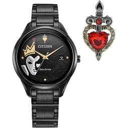 Citizen Womens Eco-Drive Disney Villain Evil Queen Crystal Watch and Pin Gift Set in Black IP Stainless Steel, Snow White Art Black Dial (Model: FE6107-68W)