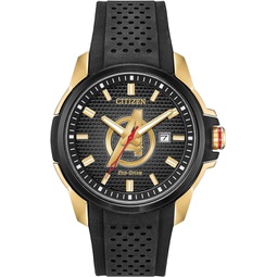 Citizen Mens Eco-Drive Marvel Avengers Watch, Gold Tone with Black Silicone Strap, 3-Hand Date, 44mm (Model: AW1155-03W)