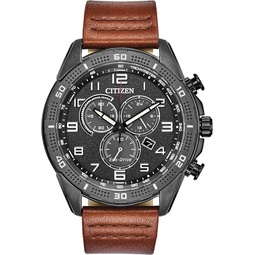 Citizen Mens Eco-Drive Weekender Chronograph Watch in Black IP Stainless Steel with Brown Leather strap, Black Dial (Model: AT2447-01E)