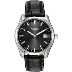 Citizen Mens Classic Eco-Drive Leather Strap Watch, Date, Luminous Hands and Markers, Black Dial