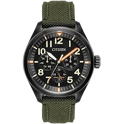Citizen Mens Sport Casual Garrison 3-Hand Eco-Drive Cordura Strap Watch, Arabic Markers, Black Ion-Plated, 12/24 Hour Time, Luminous Hands and Markers, Field Watch