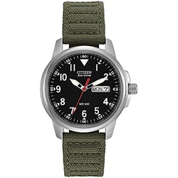 Citizen Mens Sport Casual Garrison 3-Hand Day/Date Eco-Drive Nylon Strap Watch, Arabic Markers, 100 Meters Water Resistant, Luminous Hands and Markers