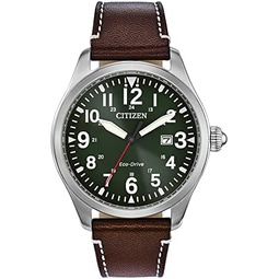 Citizen Mens Sport Casual Garrison 3-Hand Date Eco-Drive Leather Strap Watch, Arabic Markers, Stainless Steel, Field Watch