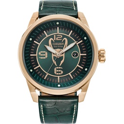 Citizen Eco-Drive Mens Marvel Villians Loki Rose Gold Stainless Steel Case Watch with Deep Green Crocodile Textured Leather Strap, 45mm (Model: AW1363-06W)