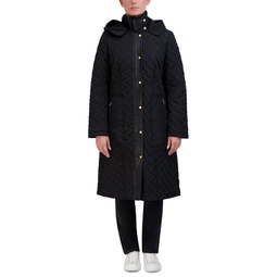 Womens Belted Hooded Quilted Coat