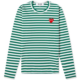 Comme des Garcons Play Womens Long Sleeve Heart Logo Stripe Green & White