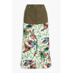 Ingrid poplin-paneled printed linen-blend gauze midi skirt