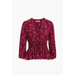 Gathered floral-print crepe de chine top
