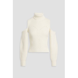 Cold-shoulder ribbed cotton-blend turtleneck sweater