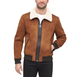 Mens Faux Shearling Bomber Jacket with Faux Fur Collar
