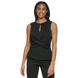 Womens Jewel-Neck Cross-Wrap Sleeveless Top