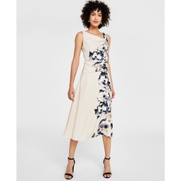 Womens Floral Cowlneck Fit & Flare Midi Dress