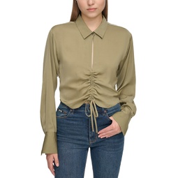 Womens V-Neck Long Sleeve Ruched Front Top