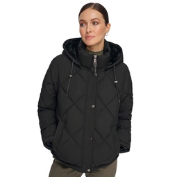 Womens Diamond Quilted Hooded Puffer Coat