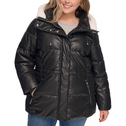 Womens Plus Size Faux-Leather Faux-Shearling Hooded Anorak Puffer Coat