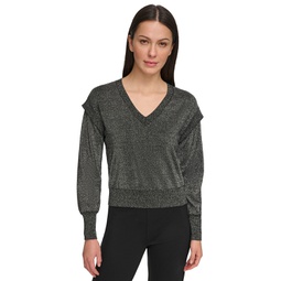Womens Lurex Shawl-Shoulder Ribbed Sweater