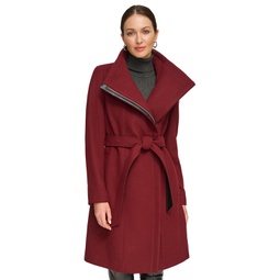 Womens Asymmetrical Belted Funnel-Neck Wool Blend Coat
