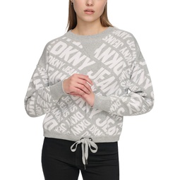 Womens Crewneck Drawstring-Hem Logo Sweater