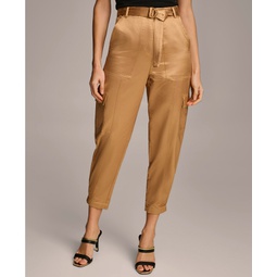 Womens Belted Satin Cargo Pants