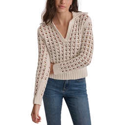 Womens Open-Stitch Knit Polo Sweater