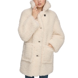 Womens Button-Front Long-Sleeve Sherpa Jacket