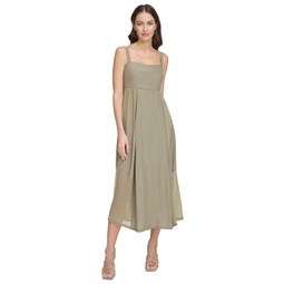 Womens Solid Square-Neck Sleeveless Chiffon Dress