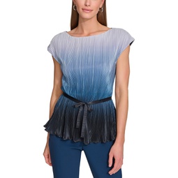 Petite Plisse Belted Extended-Shoulder Top