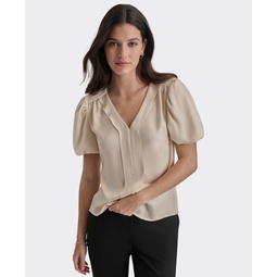 Petite V-Neck Balloon-Short-Sleeve Blouse