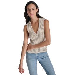 Womens Lacey Stitch Collared Sleeveless Sweater