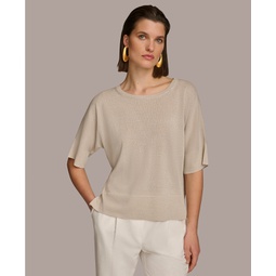 Womens Metallic-Knit Short-Sleeve Sweater